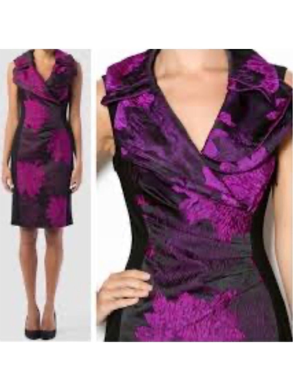 Joseph Ribkoff Black & Purple Sleeveless Ruched Dress Sz 14